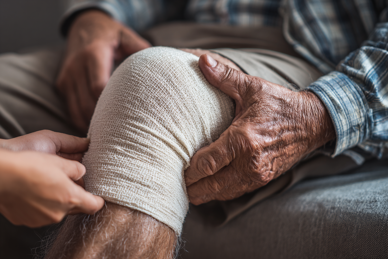 Home care caregiver wrapping senior's knee